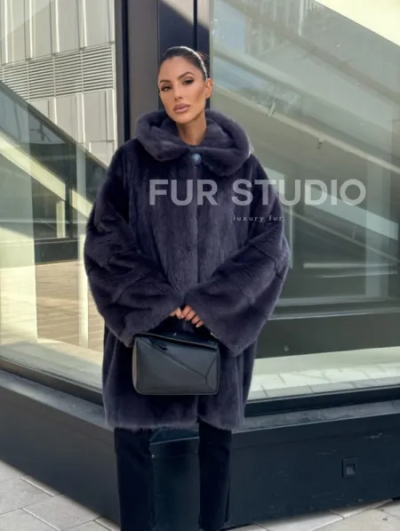 Норковая шуба с капюшоном,  роспуск - темный графит - фото 6