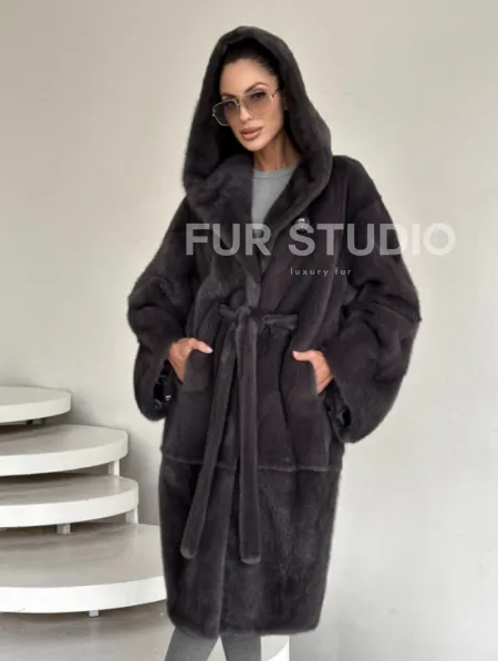 Зимняя норковая шуба с капюшоном - цвет графит - фото 0