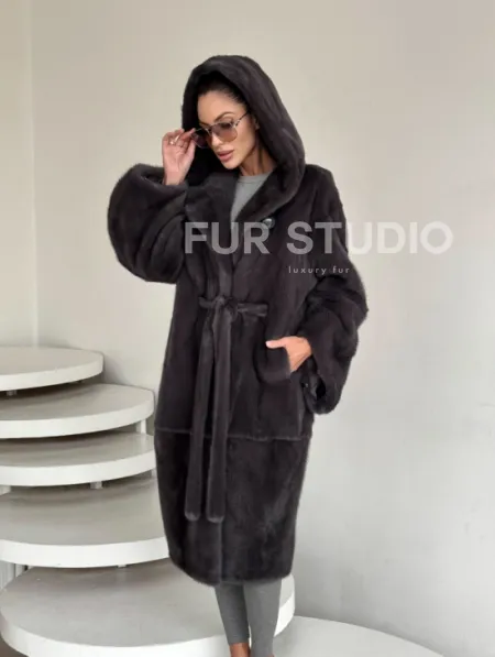 Зимняя норковая шуба с капюшоном - цвет графит - фото 10