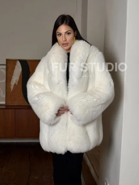 Белая шуба из меха лисы - воротник шаль - фото 8