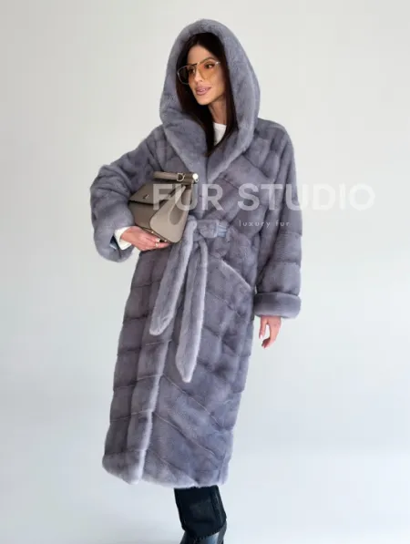 Удлиненная норковая шуба - кимоно с капюшоном - фото 10