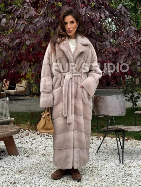 Длинная норковая шуба с поясом - фото 0