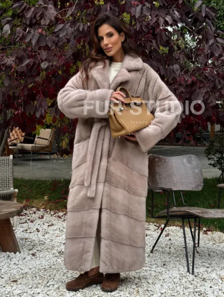 Длинная норковая шуба с поясом - фото 8