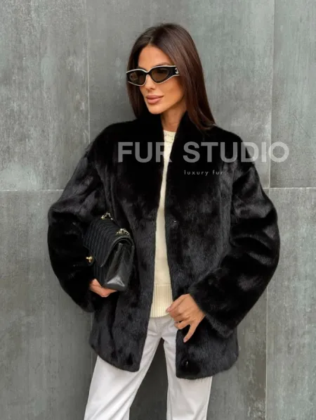 Черный норковый полушубок V-образный воротник - фото 4