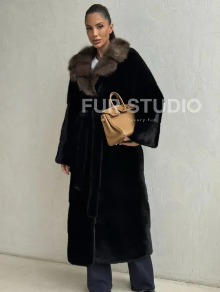 Черная норковая шуба - воротник куница - фото 0