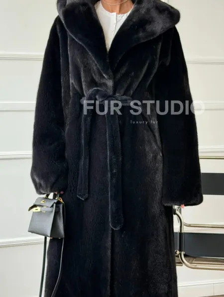 Шуба из норки BLACKGLAMA  с капюшоном в роспуск - фото 1