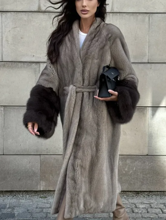 Шуба кимоно из меха норки Vintage Grey рукава с отделкой из куницы - фото 6