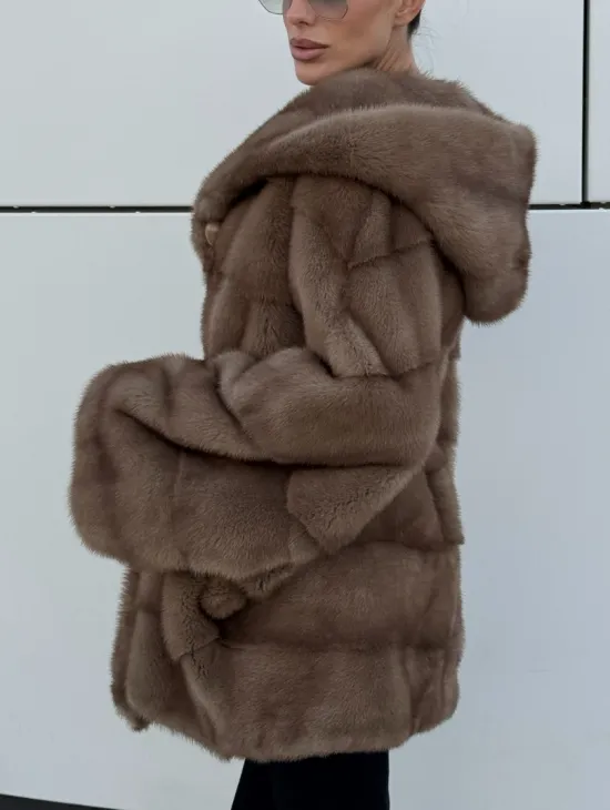 Норковая шуба автоледи с капюшоном кобра, цвет Тортор - фото 2