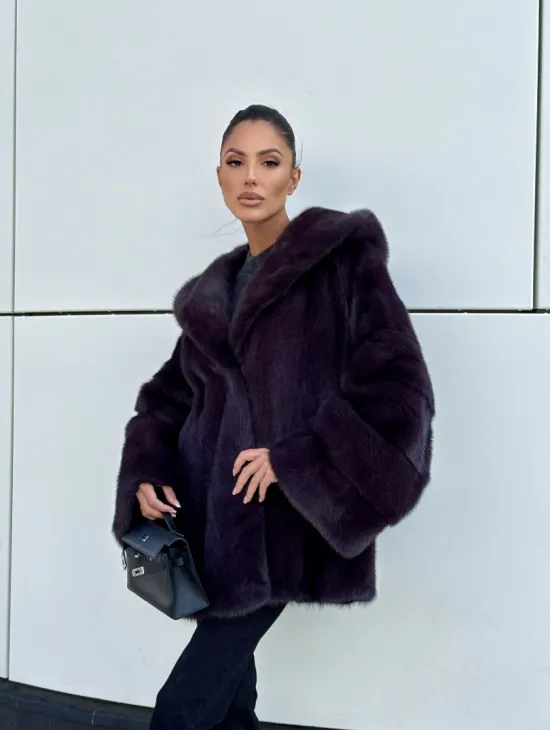 Норковый полушубок автоледи с капюшоном - цвет инжир - фото 15