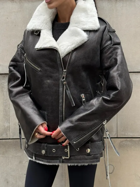 Дубленка-авиатор из натуральной овчины Dark Grey Vintage, со шнуровкой по боковому шву - фото 6