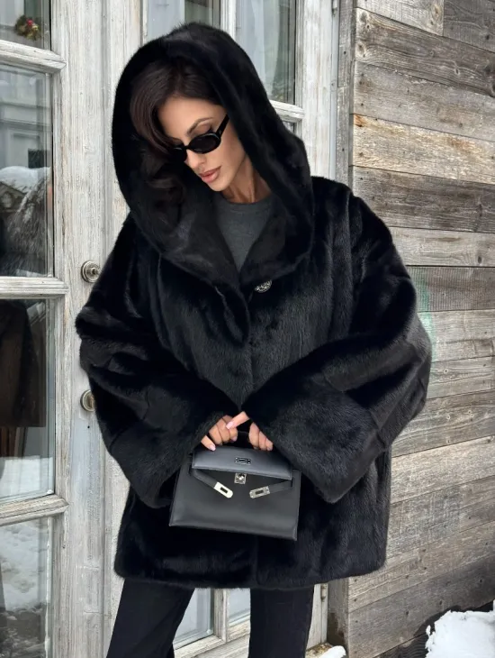Черная зимняя шуба из меха норки Nafa mink с капюшоном - автоледи - фото 8