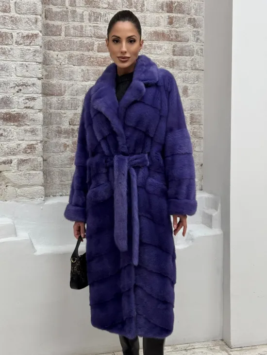 Норковая шуба кимоно с английским воротником в фиолетовом цвете - фото 7