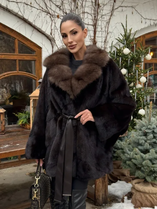 Норковый полушубок Mahogany с воротником из меха куницы - Летучая мышь - фото 9