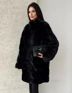 Норковая шуба в черном цвете воротник стойка - фото 5