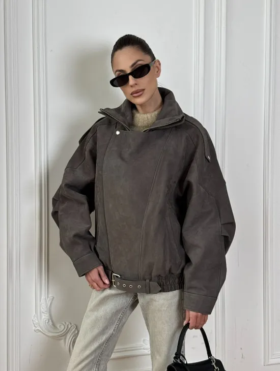 Современная куртка - бомбер из винтажной кожи Gray с двойным воротником - фото 10