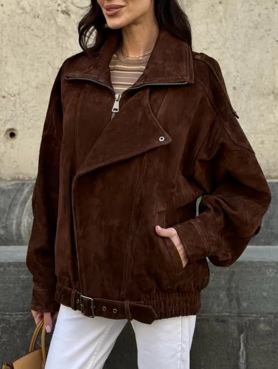 Винтажная куртка - бомбер из замши в коричневом цвете - фото 4