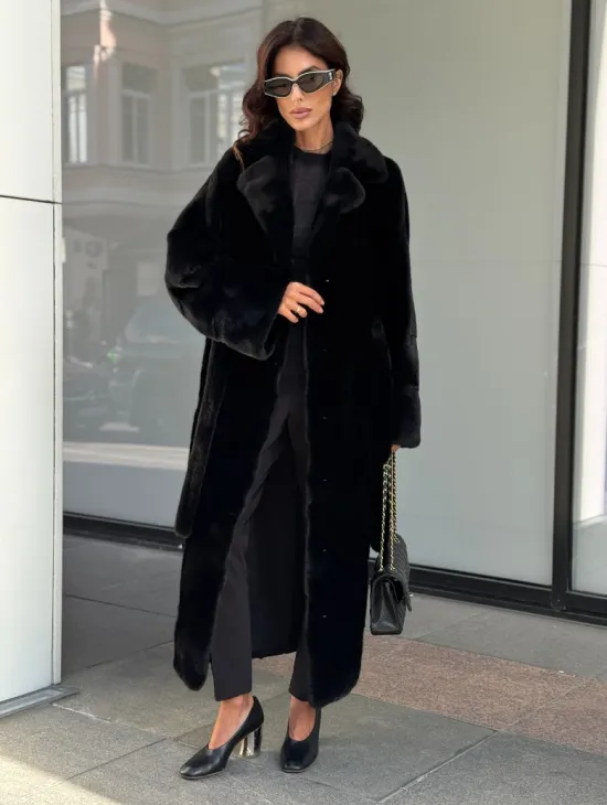 Удлиненная черная шуба с поясом из скандинавской норки - фото 0