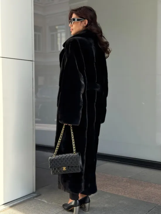 Удлиненная черная шуба с поясом из скандинавской норки - фото 5