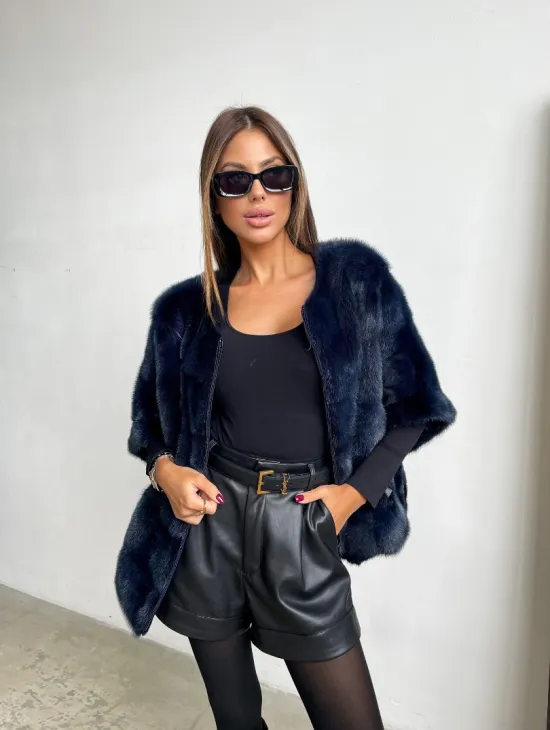 Норковый свитер на молнии в цвете индиго - фото 1