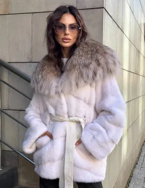 Норковая шуба с мехом рыси - белая - фото 0