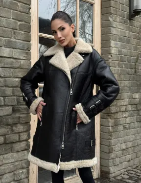 Удлиненная дубленка на белой овчине - фото 0