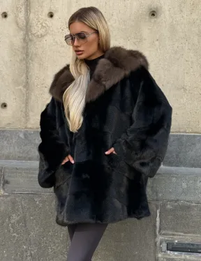 Черный норковый полушубок с капюшоном куница - фото 5