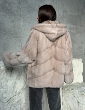 Норковый полушубок с капюшоном в цвете пудра - фото 4