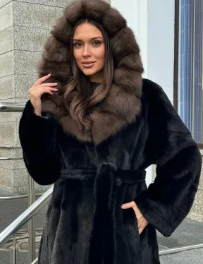 Черная норковая шуба с капюшоном куница - фото 4
