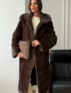 Коричневая норковая шуба с капюшоном - фото 5