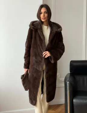 Коричневая норковая шуба с капюшоном - фото 11