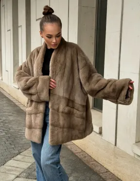 Норковый полушубок пастель V-образный воротник - фото 13