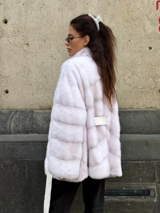 Короткая норковая шуба - цвет жемчуг - фото 10