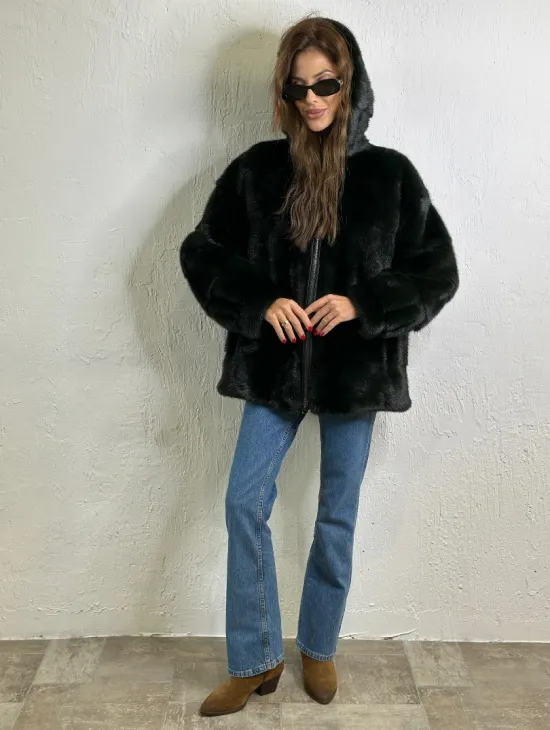 Короткая норковая шуба на молнии - цвет темный изумруд - фото 6