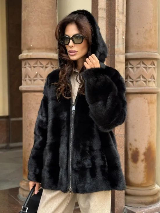 Черная норковая шуба с капюшоном - фото 7