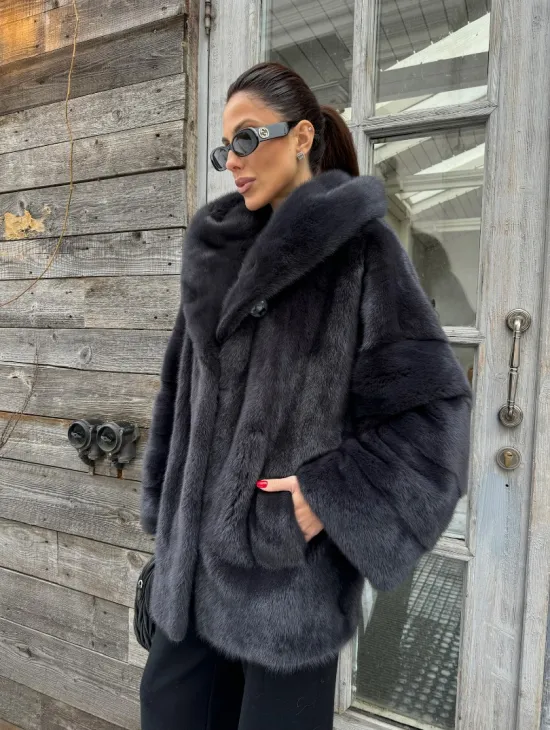 Шуба норковая с капюшоном - цвет графит - фото 3