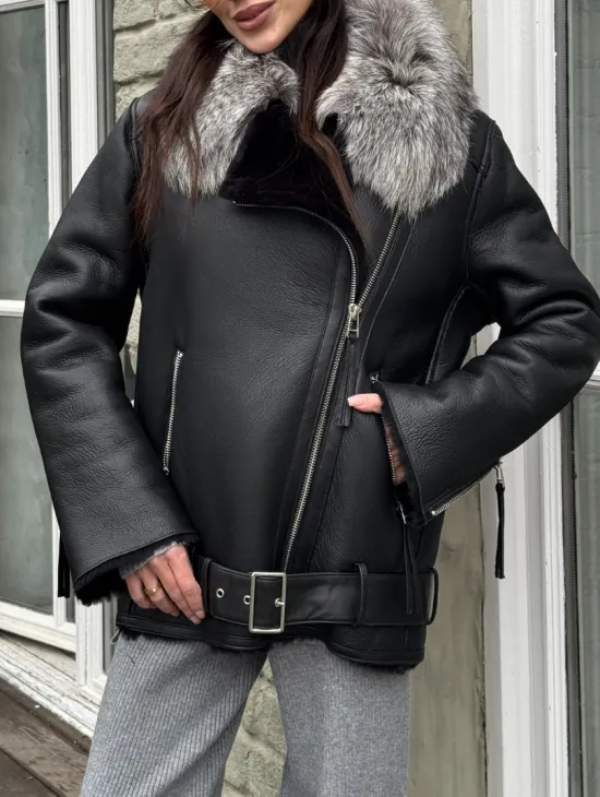 Дубленка из натуральной овчины с воротником чернобурой лисы - фото 2