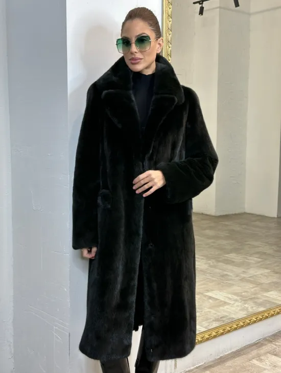 Элегантное пальто из плюшевой норки VELVET - цвет черно-зеленый - фото 6