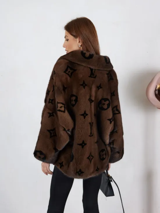 Кимоно полушубок английский воротник, принт - цвет орех - фото 1