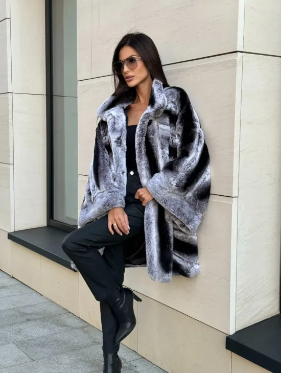 Шуба из кролика рекс стойка воротник - цвет шиншилла - фото 7