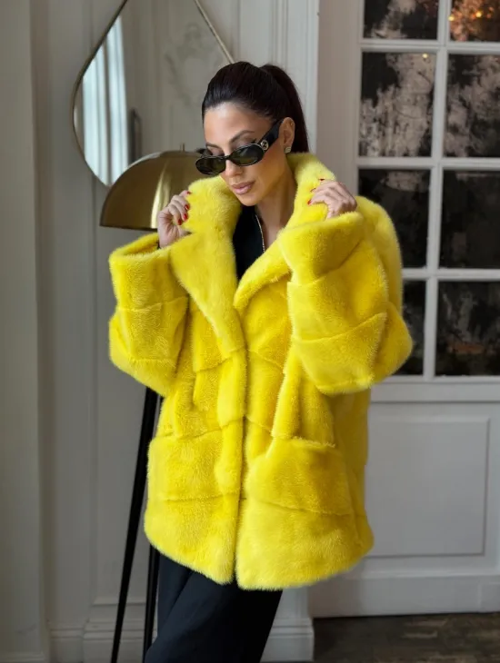 Норковый полушубок английский воротник, паркет - цвет лимонный - фото 2