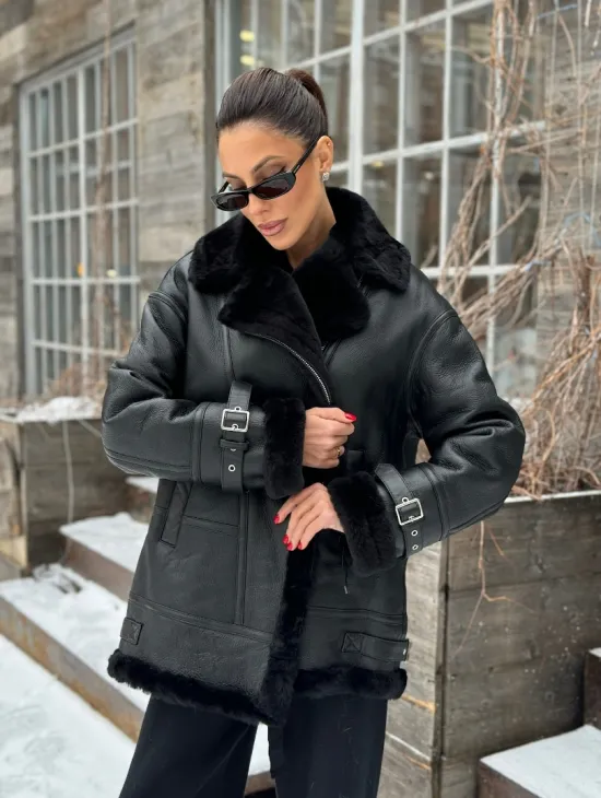 Черная дубленка авитор на овчине - фото 4