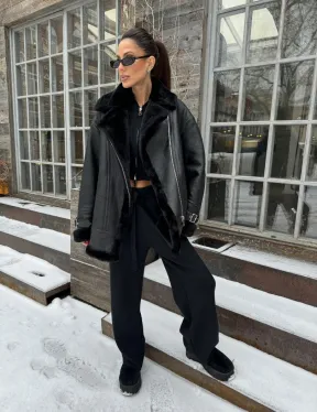 Черная дубленка авитор на овчине - фото 6