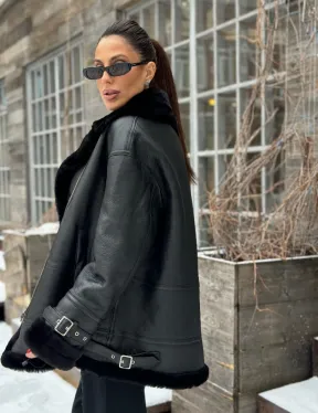 Черная дубленка авитор на овчине - фото 3