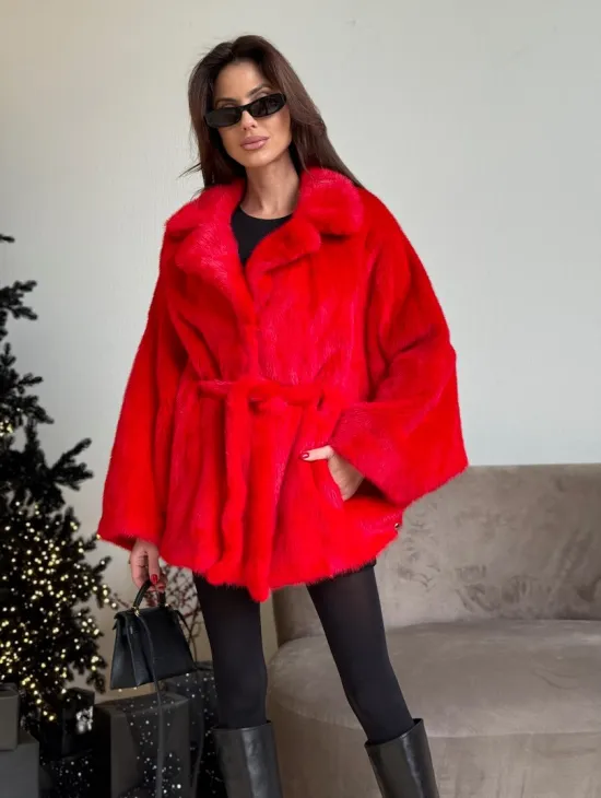 Красная норковая шуба - летучка английский воротник - фото 3