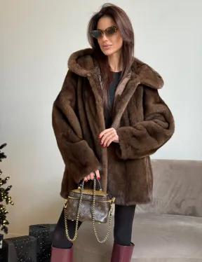 Норка автоледи с капюшоном, роспуск в цвете орех - фото 0