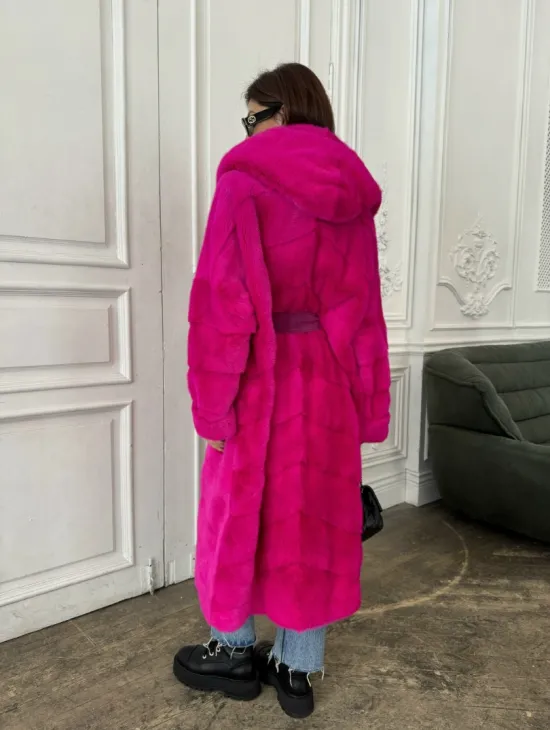 Норка кимоно с капюшоном, паркет - цвет фуксия - фото 4