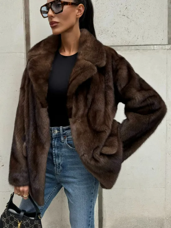 Шуба норковая - жакет с английским воротником цвет соболь - фото 5