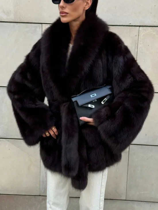 Шуба - жакет из меха куницы в цвете BURGUNDY - фото 2