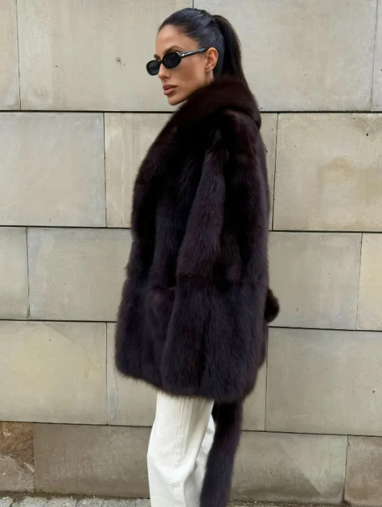 Шуба - жакет из меха куницы в цвете BURGUNDY - фото 6